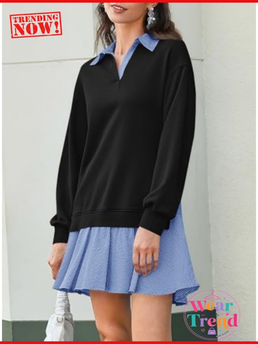 Oversized Sweatshirt Dress Long Sleeve Mini Ribbed Knit Casual - Picture 2 of 6